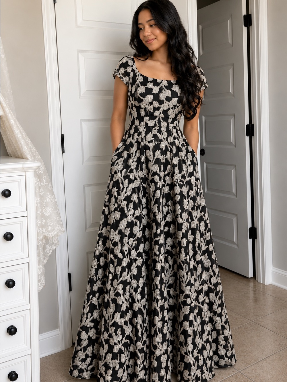 Black Floral-Embroidered Maxi Dress with Cream Accents
